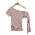 Slim Fit Asymmetric Shoulder T-Shirt Women's Summer Short Sleeve Top with Sash Street Style Sexy Trendy Pure Desire Design
