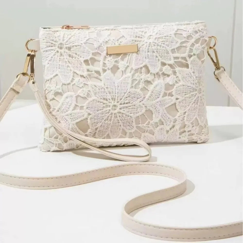 Casual Lace Shoulder Bag Floral Printed Hollow Crossbody Bag Soft Small Square Bag Tote Purse Handbag