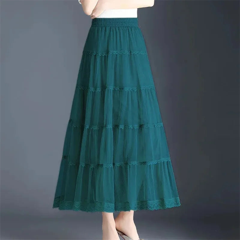 Pop Pop Long Tulle Skirt Women 2024 Spring Summer Elastic High Waist A-Line Mesh Pleated Puffy Skirt Female Elegant Lace Midi Sk