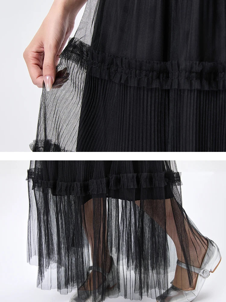 Women's Skirt Spring Summer Tiered Tulle High Waist Ruffle Hem A-Line Pleated Maxi Layered Mesh Cake Skirt Female Faldas SK120