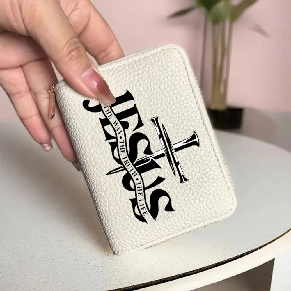 Women's PU Leather Wallet Short Coin Card Holder Jesus Pattern Small Hard Wallet Fashionable Money Bag