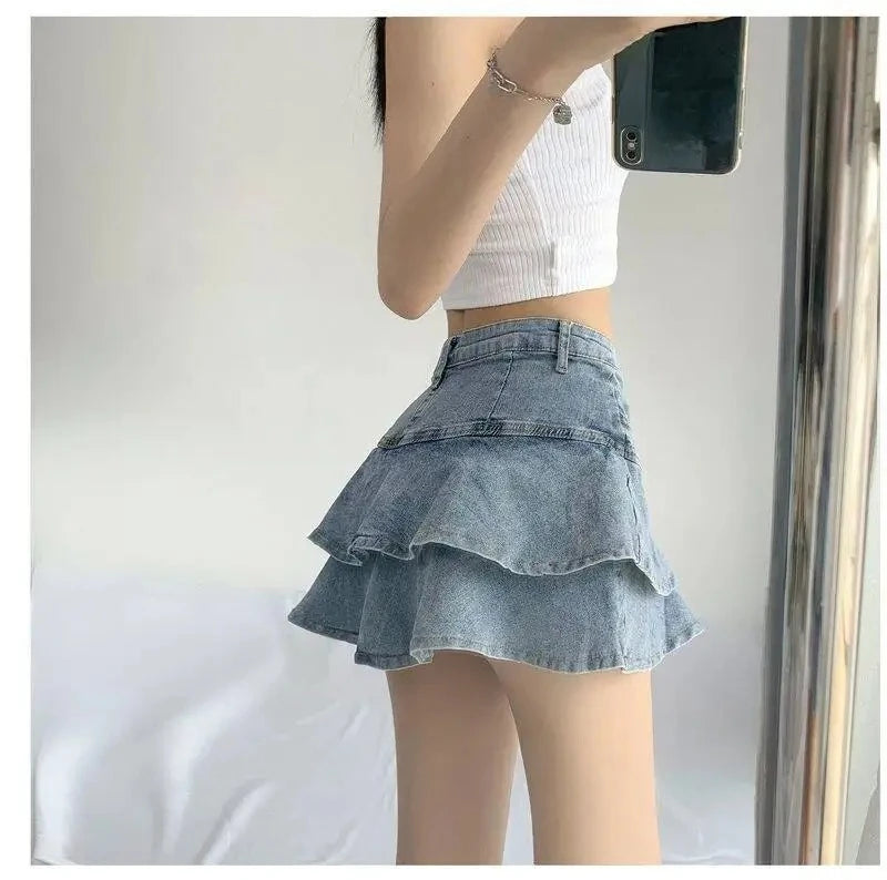 Harajuku Y2k Kawaii Hot Girl Denim Skirt College Style Women Pleated Skirt Jeans Casual High Waist Mini A-line Short Skirt