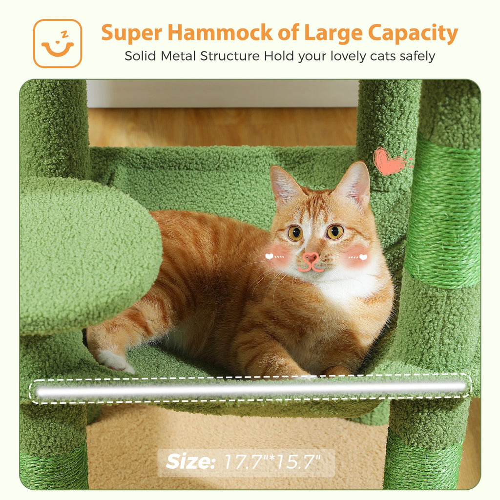 Cactus Cat Tree Tower for Large Cats with Metal Plush Big Hammock for Indoor Cats with 2 Door Condo House with Large Top Perch