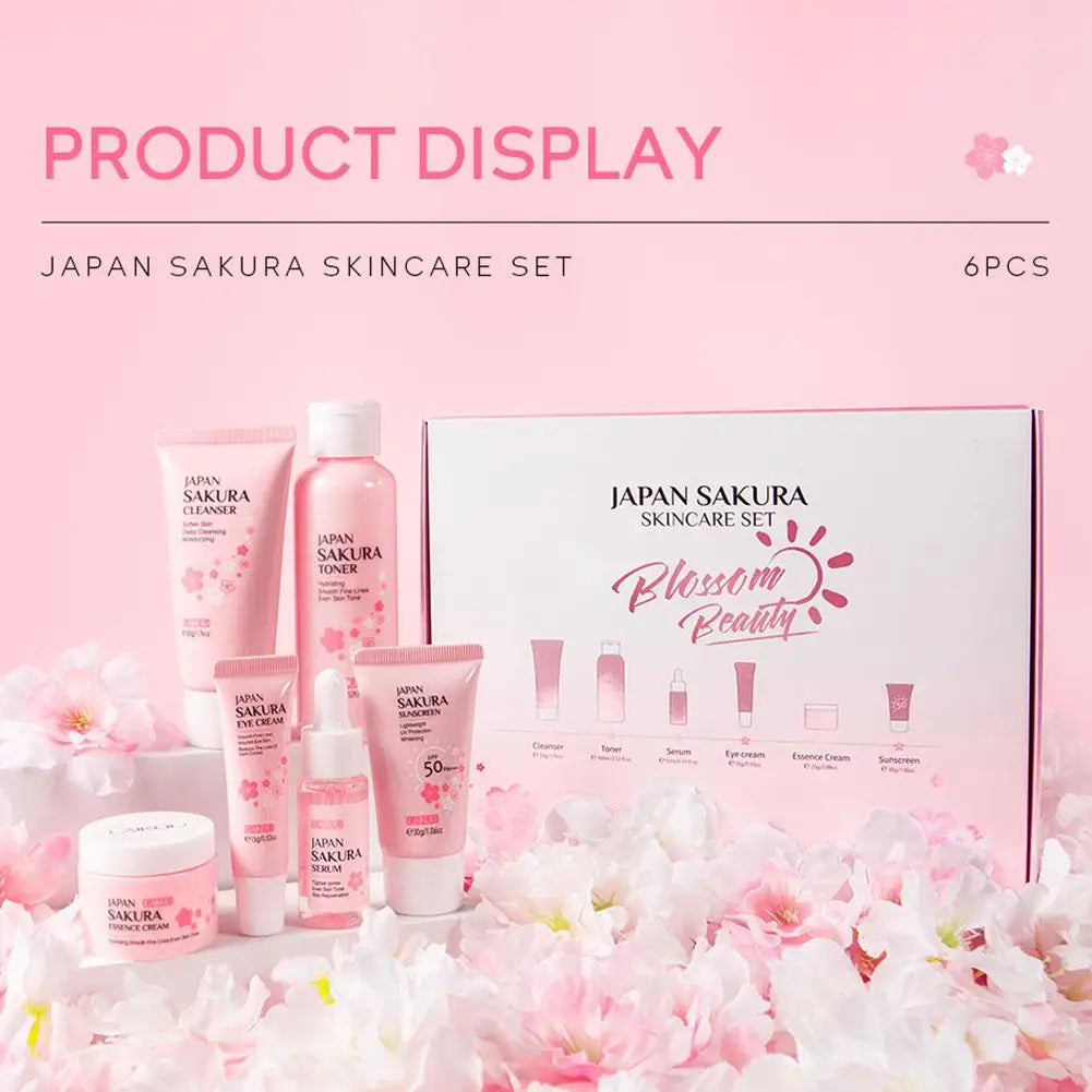 6Pcs/Set Sakura Skin Care Sets Face Cream Serum Toner Facial Cleanser Sunscreen Eye Cream Face Skin Care Set Product Box