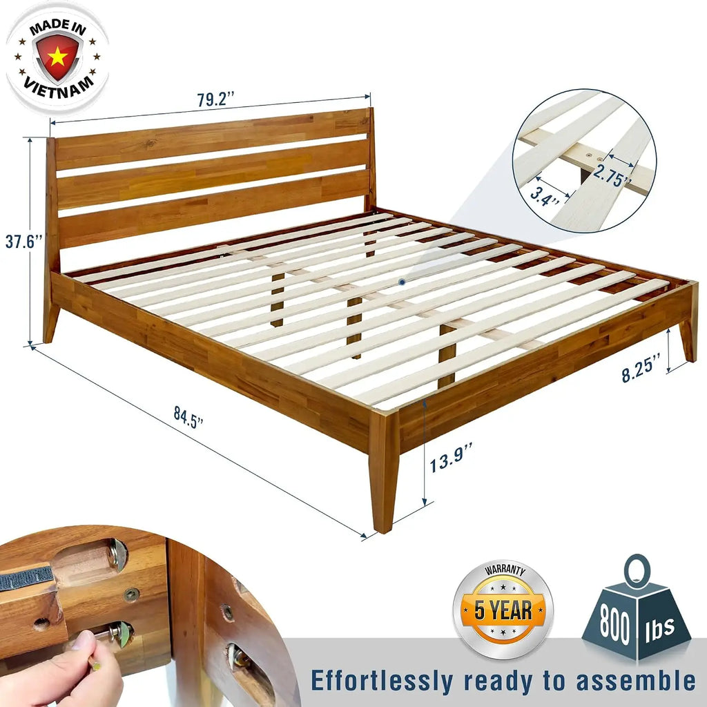 Solid Wood Platform Bed Frame with Headboard King Size Mid-Century Modern Easy Assembly Non-Slip All Mattress Compatible Caramel
