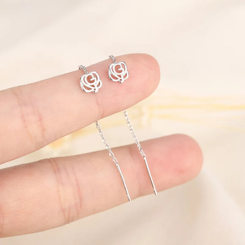 Rose Gold Threader Drop Earrings for Women Long Hanging Zircon Crystal Piercing Jewelry