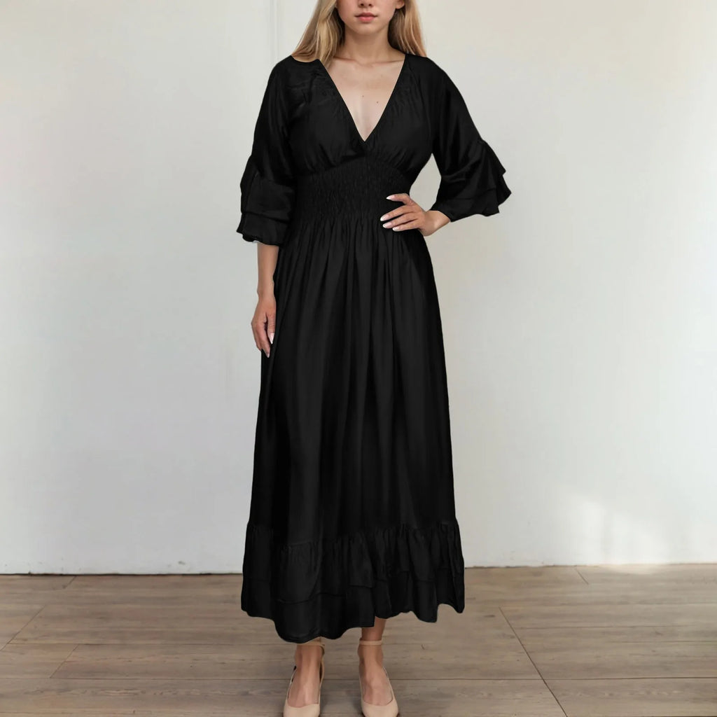 Womens Work Dresses Business Casual Women Sexy V Neck Ruffle 3/4 Sleeve Dress Casual Loose Ruffle Tiered Womens Sweater Dress