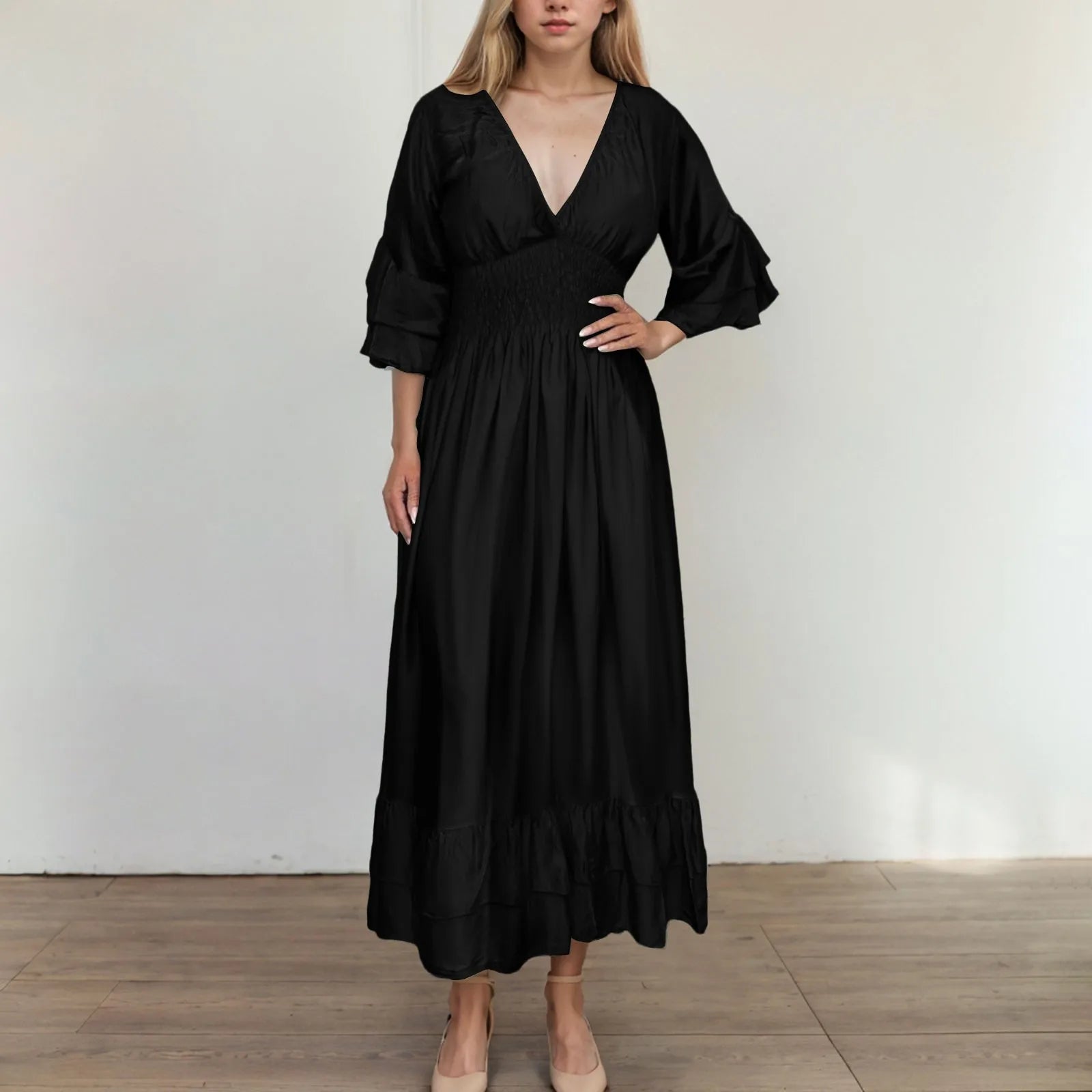 Womens Work Dresses Business Casual Women Sexy V Neck Ruffle 3/4 Sleeve Dress Casual Loose Ruffle Tiered Womens Sweater Dress