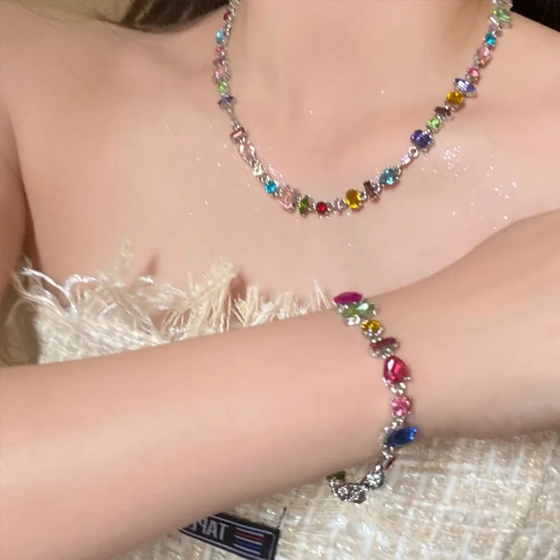 2026 Colorful Crystal Necklace Bracelet Chain Jewelry Set for Women Elegant Clavicle Chain Irregular Zircon Party Gift for Women