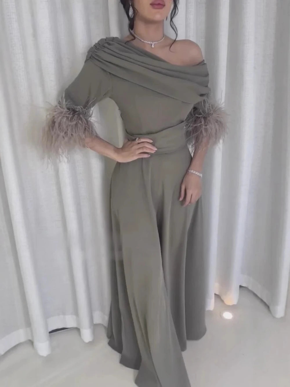 Loose Elegant Jumpsuit Feathered Pleated Chiffon S-2XL Fashionable Party Gown For Women Fast Shipping Off Shoulder Prom Wear