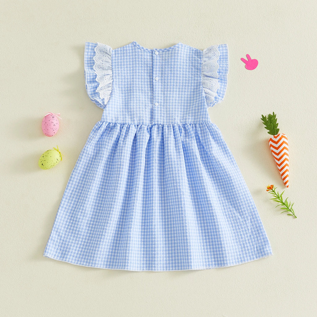0-4Y Toddler Baby Girl Easter Dress Flying Sleeve Crew Neck Rabbit Chick Embroidery A Line Plaid Print Dress