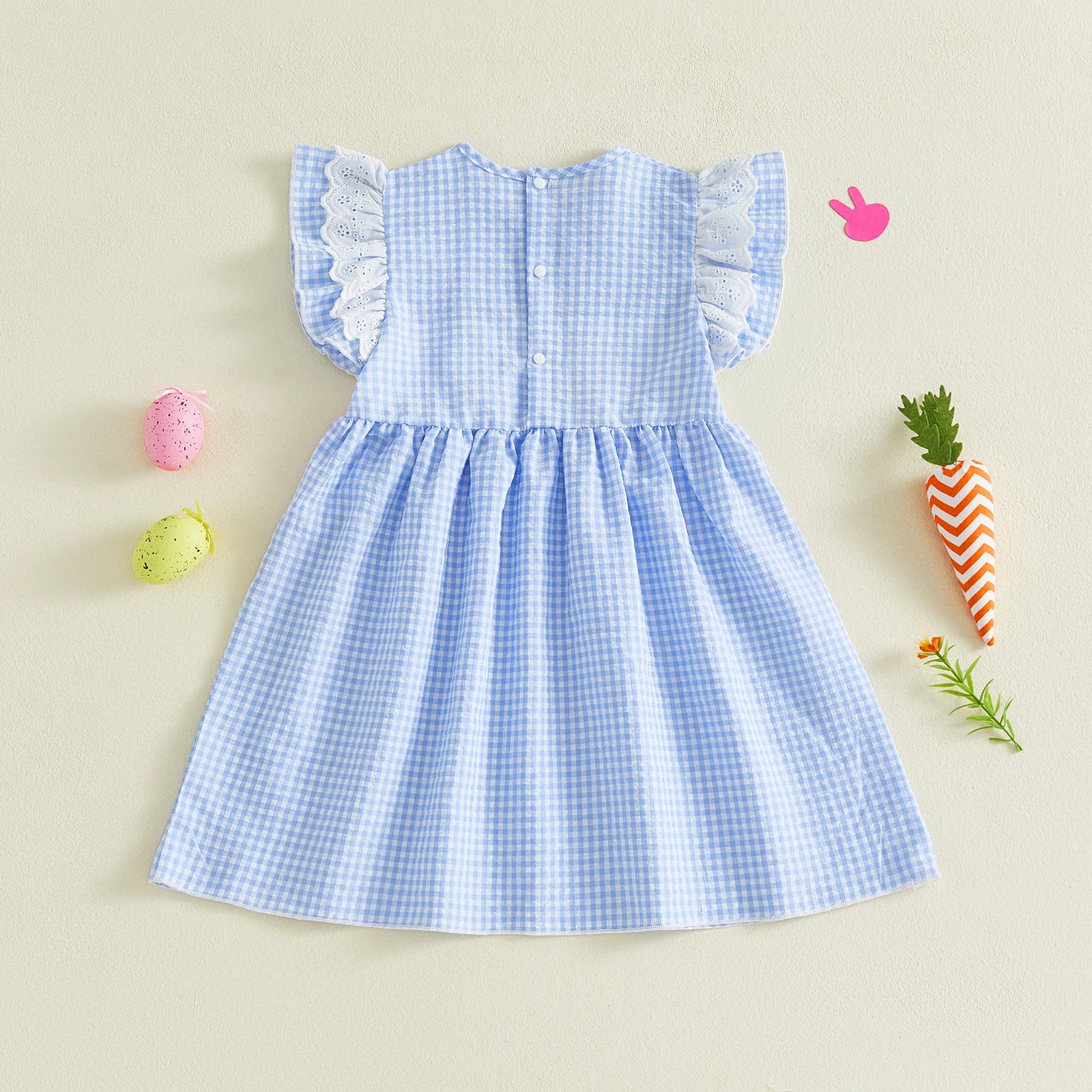 0-4Y Toddler Baby Girl Easter Dress Flying Sleeve Crew Neck Rabbit Chick Embroidery A Line Plaid Print Dress