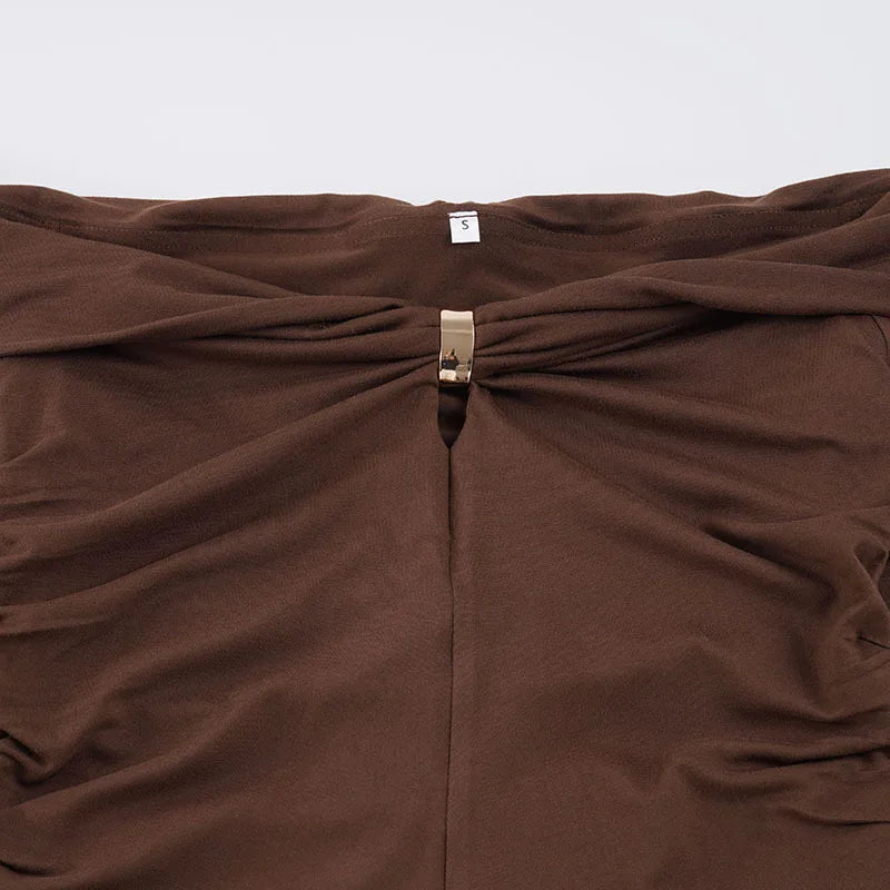 Sexy Off-the-shoulder Pleated V-neck T-shirt Women's Slim-fit Solid-color Top with Metal Buttons