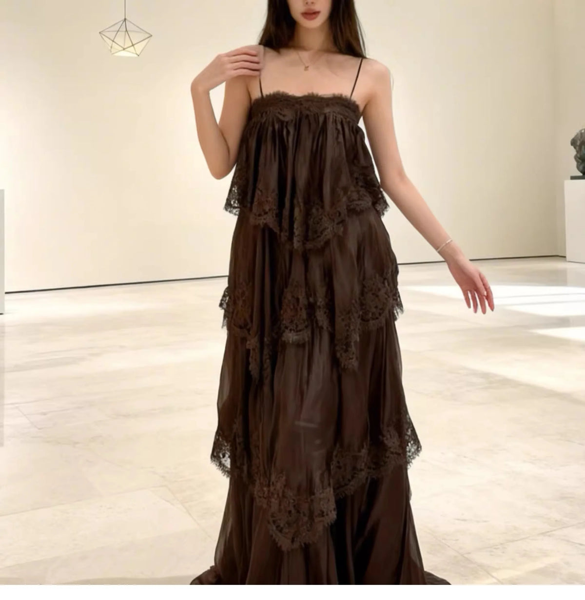 Exclusive Color Dyeing Heavy Work Multi-Layer Skirt Long Dress Women's Commute Style Sleeveless Outdoor Casual Polyester Fiber