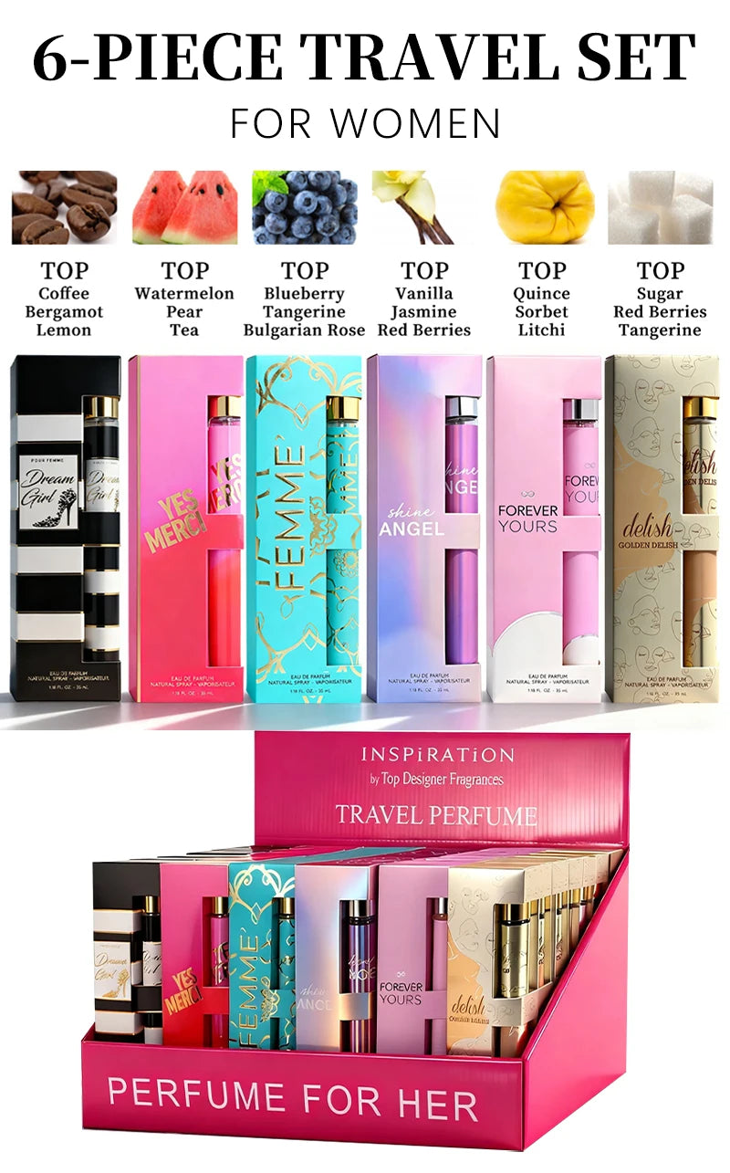 6-Piece Travel Set, Men's and Women's Eau De Toilette Spray, Long-Lasting Fragrance, 6 Different Flavors, Perfect for Holiday Gift