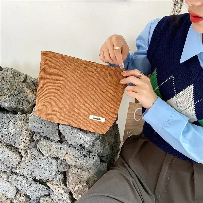 Soft Large Cosmetic Bags Women'S Neceser Makeup Toiletry Bag Fashion Travel Make Up Bag Corduroy Brush Pencil Organizer Case