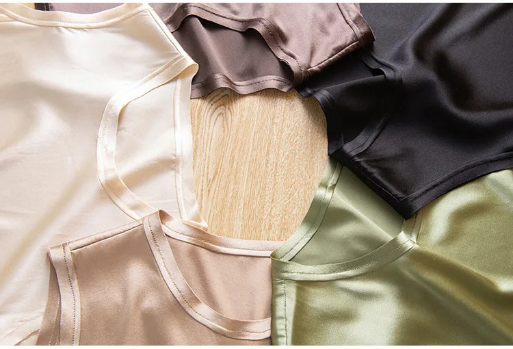 Heavy Silk Women's Sleeveless Top T-shirt Autumn Silk Top Silk Satin Bottom Top Solid Color T-shirts Satin Shirts for Women