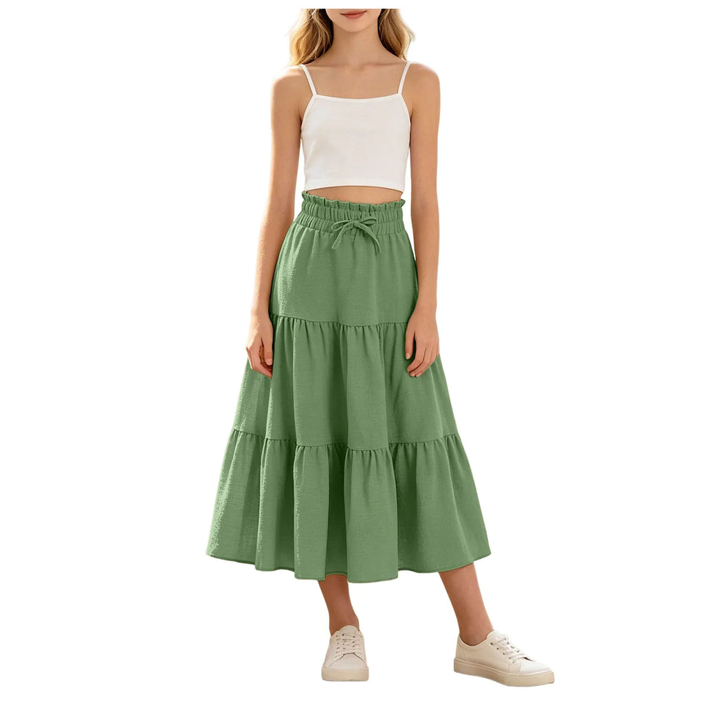 Kids Girls Boho Pleated Long Skirt Summer Solid Elastic Waist Lightweight Large Swing Skirt Casual Beach Holiday Vacation