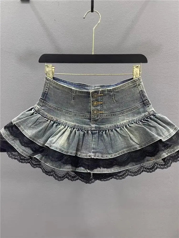 Vintage Denim Pleated Skirt Woman LaceDesign A-line Y2k Mini Skirt Streetwear  American Spicy Girl Korea Fashion Hotsweet