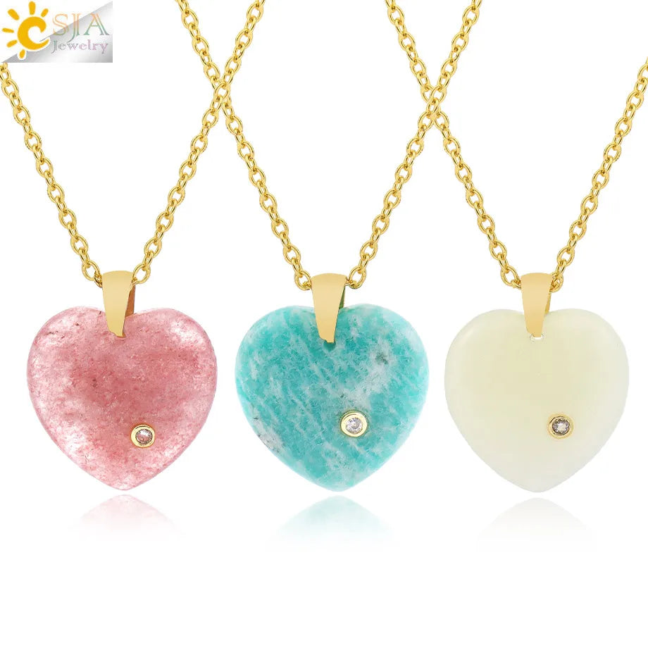 Csja Stainless Steel Natural Stone Heart Pendant Necklaces Charms Crystal Amethyst Rose Quartz Necklace Accessory Making H840