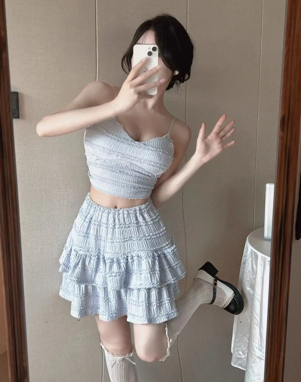 Ballet Style Puffy Short Skirt Women Summer Lace Crop Top Design Sensation Half Skirt Pure Desire Sweet And Spicy Set