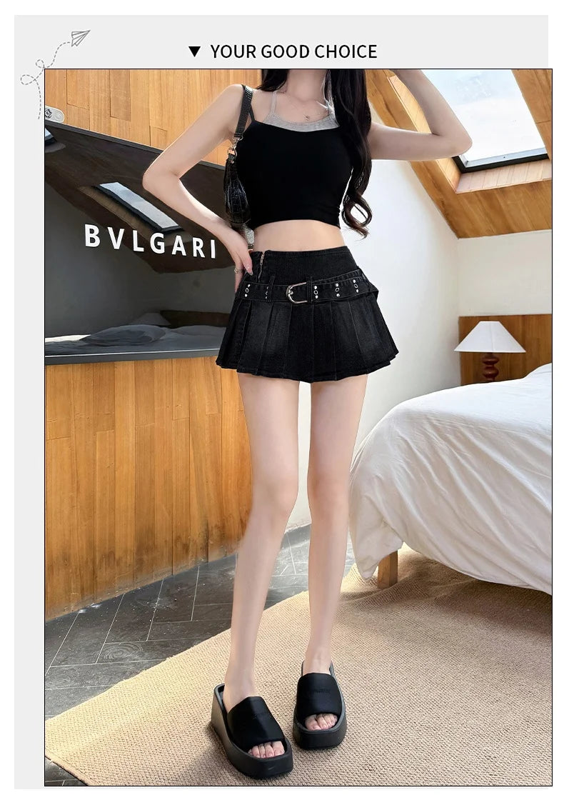 High Waist A-Line  Skirt Women's Denim Pleated Half Body Summer New Style Comfortable Soft Korean Version City Commute