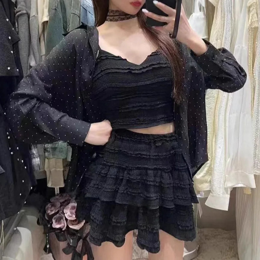 Ballet Style Puffy Short Skirt Women Summer Lace Crop Top Design Sensation Half Skirt Pure Desire Sweet And Spicy Set