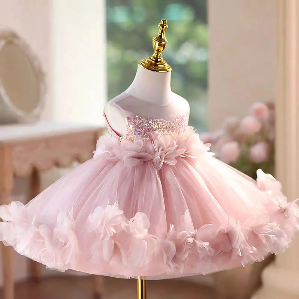 Dreamy Vow D094 Sleeveless Floral Pink Girls Dress Sequined Tulle Children Celebration Party Spring and Summer Mini Prom Dress