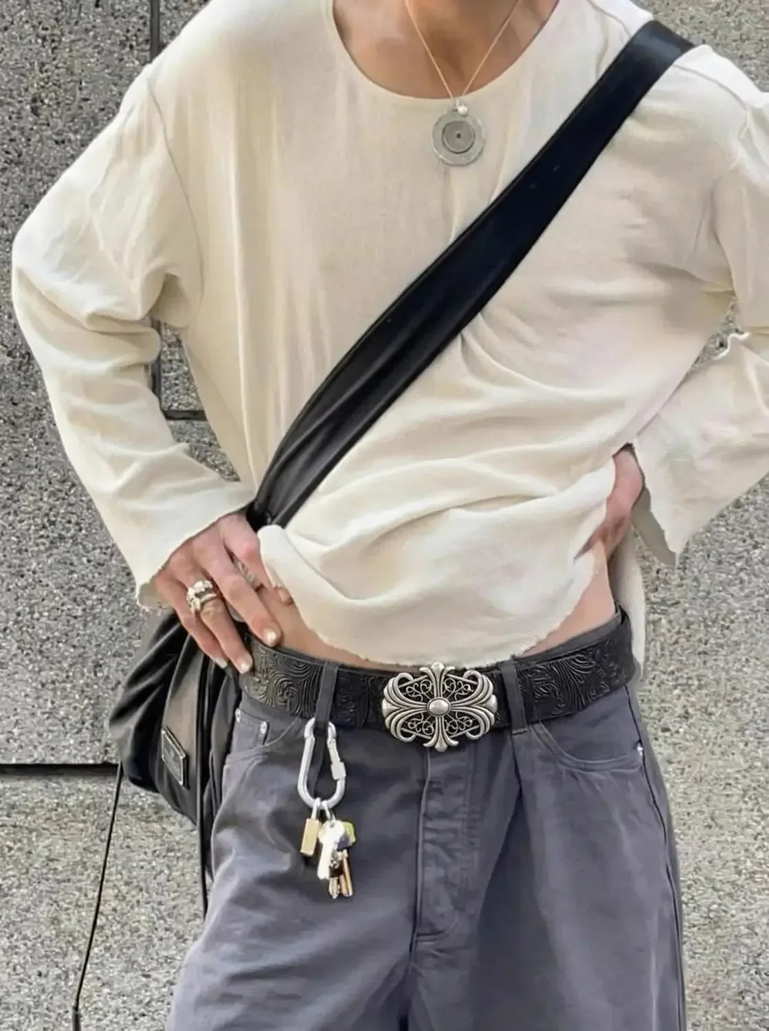 Hong Kong-style Denim Belt with Cross Carving & Rivets Niche Subculture Style Versatile Street Waistband for Casual Daily Outfit