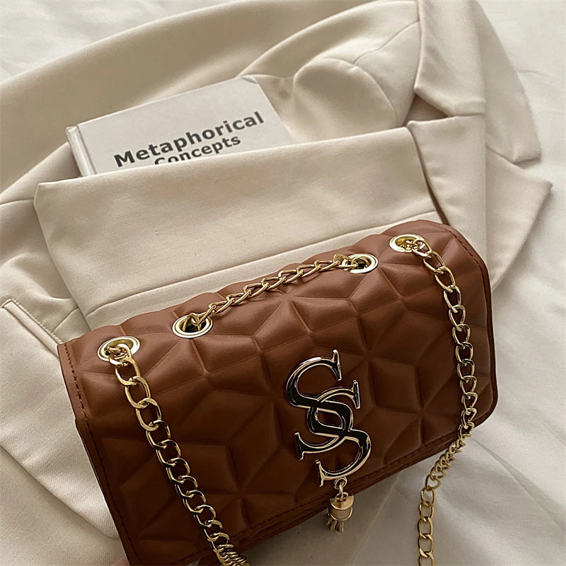 Fashionable Small Fragrant Style Argyle Quilted Small Square Bag Metal Letter Tassel Diagonal Cross Bag Commuter Shoulder Bag