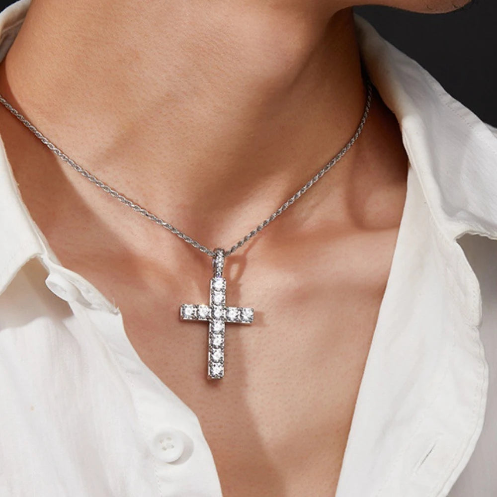 Knobspin 5.5Ct Moissanite Cross Necklace Solid S925 Sterling Silver 1.6Mm Rope Chain Necklaces For Women'S Man Christian Jewelry