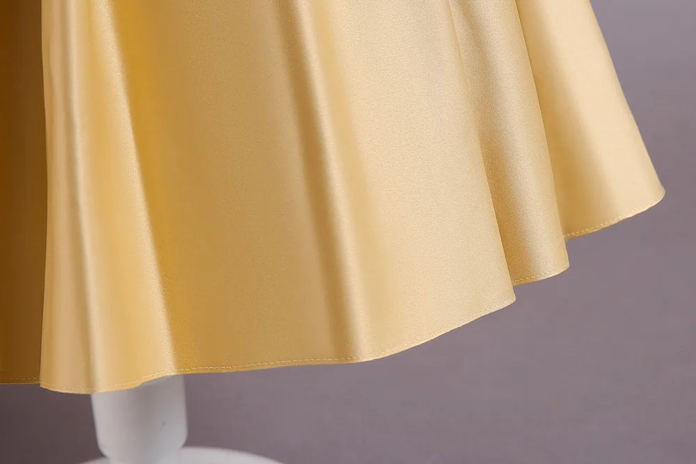 Golden Bow Satin Girls Dress For Weddings Party Children's Pageant Ball Gown Kids Formal Evening Clothing 2-8 10 Years