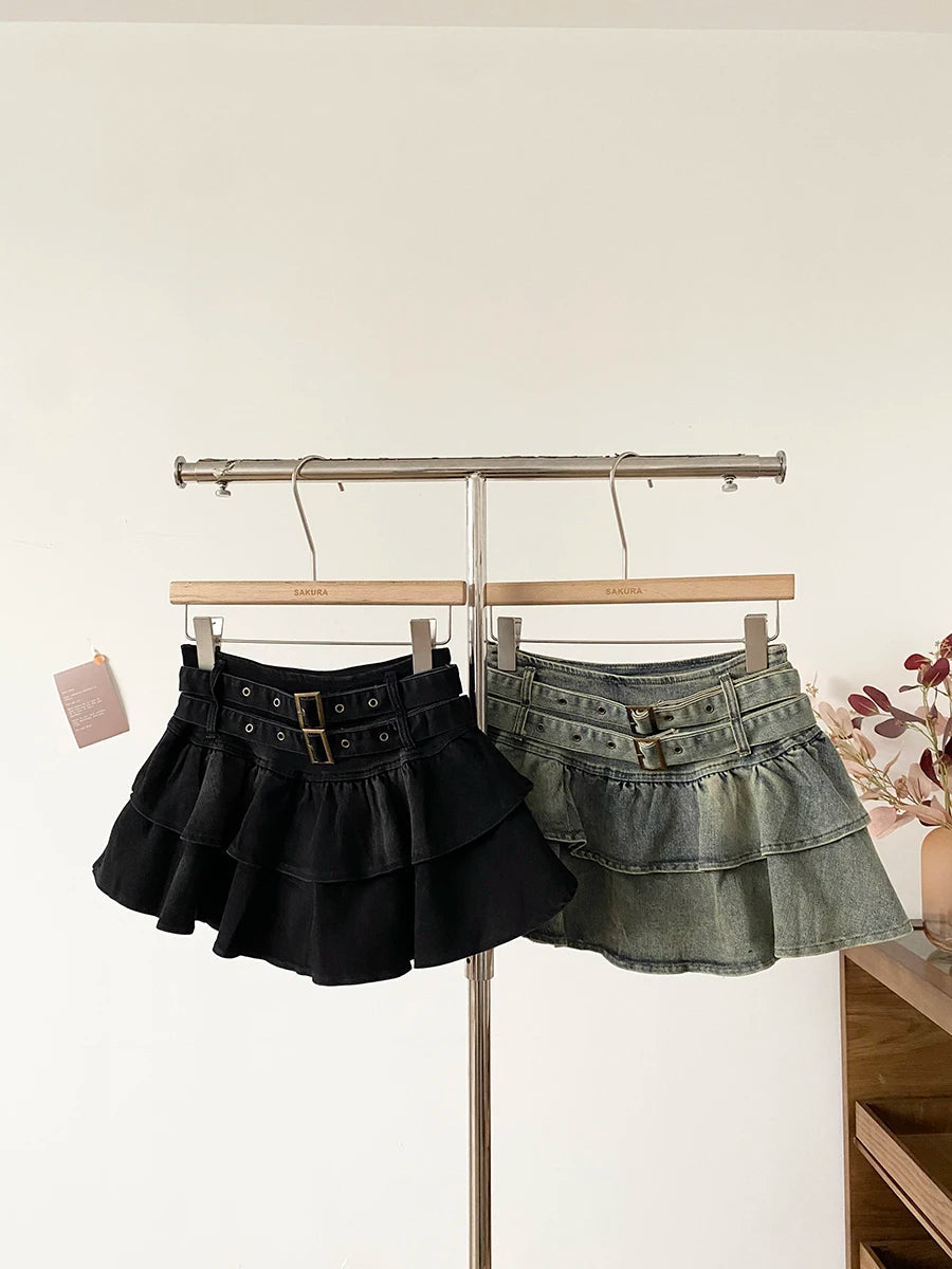 Low Waist Denim Skirt Women's Spring 2026 New Style Double Belt Anti-Light Short Skirt Casual High Waist Polyester Fiber