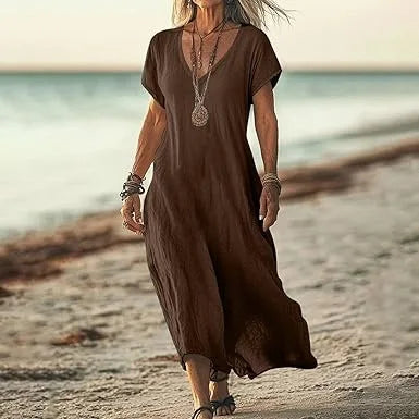 Independent Station Loose Solid Color V-neck Cotton and Linen Women's Dress