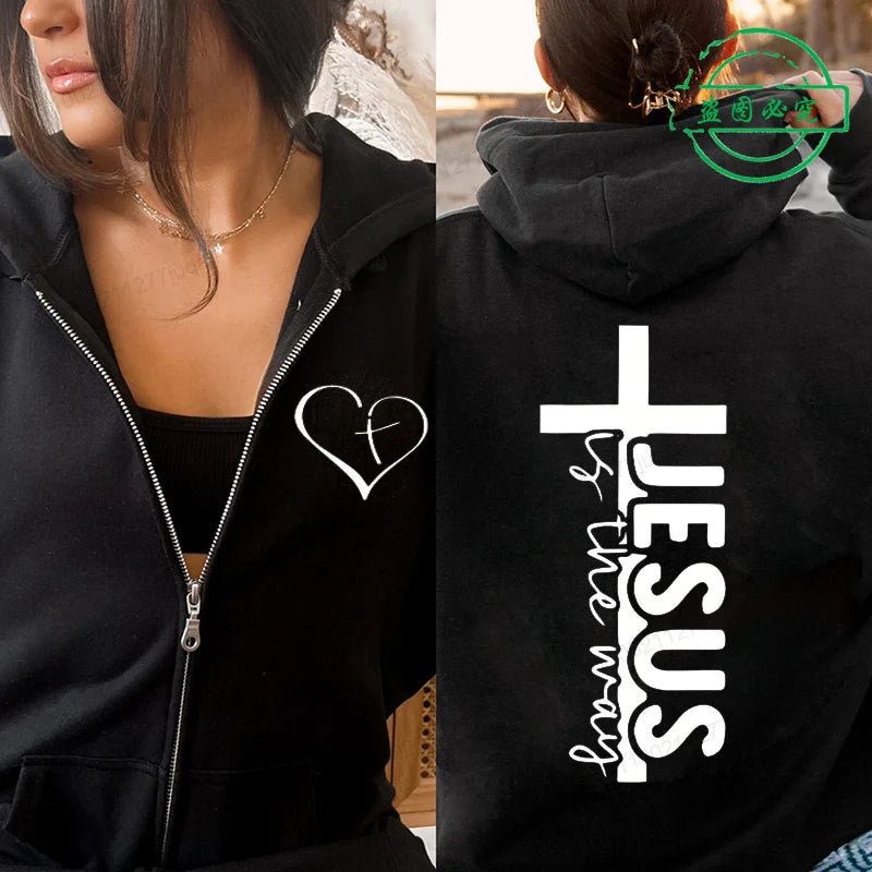 Autumn Fleece Zip Up Hoodie Jesus Print Hooded Sportwear Korean Fashion Sweatshirts Long Sleeve Top Pockets Loose Zip Hoodies