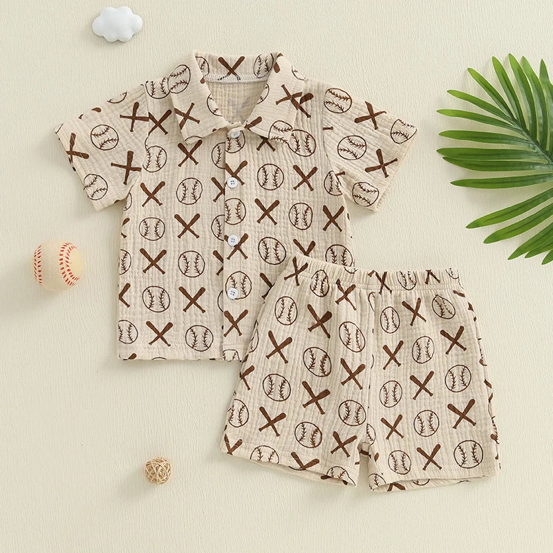 Baby Boys Summer Outfits Palm Tree Print Button Up Short Sleeves T-Shirt And Elastic Shorts Set For 2 Piece Clothes Set