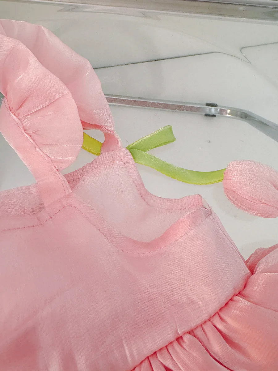 Summer New Tulip Pattern Solid Color Halter Puffy Girl Kid's Dress Cute Casual Princess Dress For Baby Girl ( 0-2 Years Old)