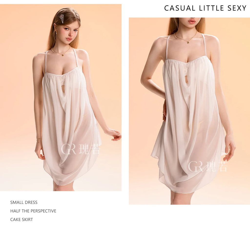 Y2K Lace Trim Cami Nightgown: Hollow Out Mesh & Ruched Padded Sleep Dress, Backless Loose Comfortable Chiffon