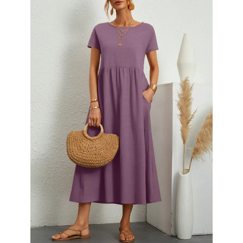 Casual Long Ice Silk round Neck Short Sleeve Dress Pure Color A-Line Skirt Comfortable Elastic Waist Elegant Commute Style