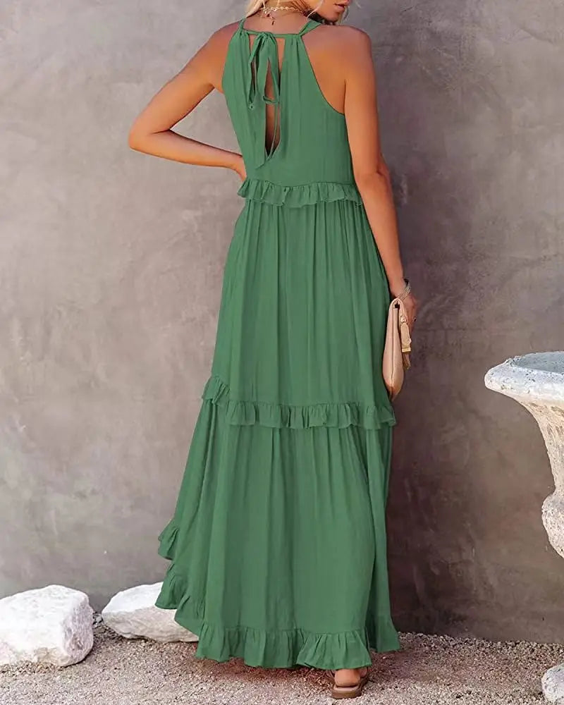 Women Halter Neck Maxi Dress Sleeveless Ruffle Tiered Loose Flowy Bohemian Beach Long Dress