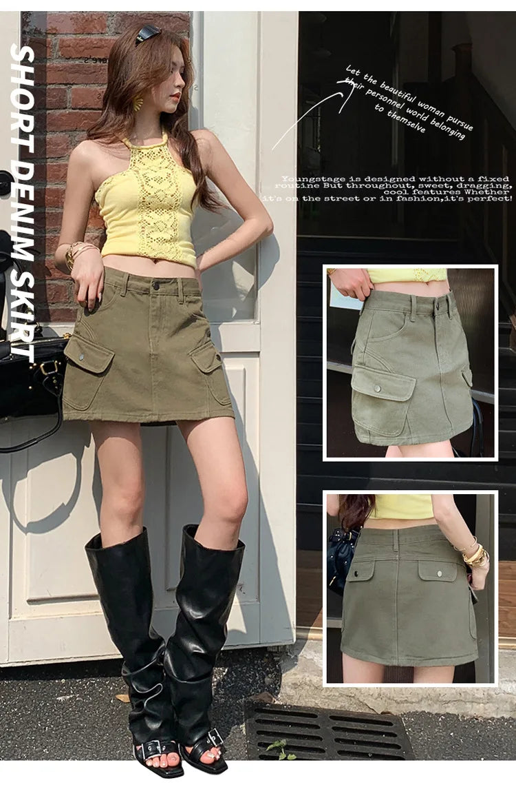 High Waist A-Line Mini Skirt Denim Skirt Women's Multi-Pocket Anti-Light Workwear Half Skirt Street Style Casual Wear