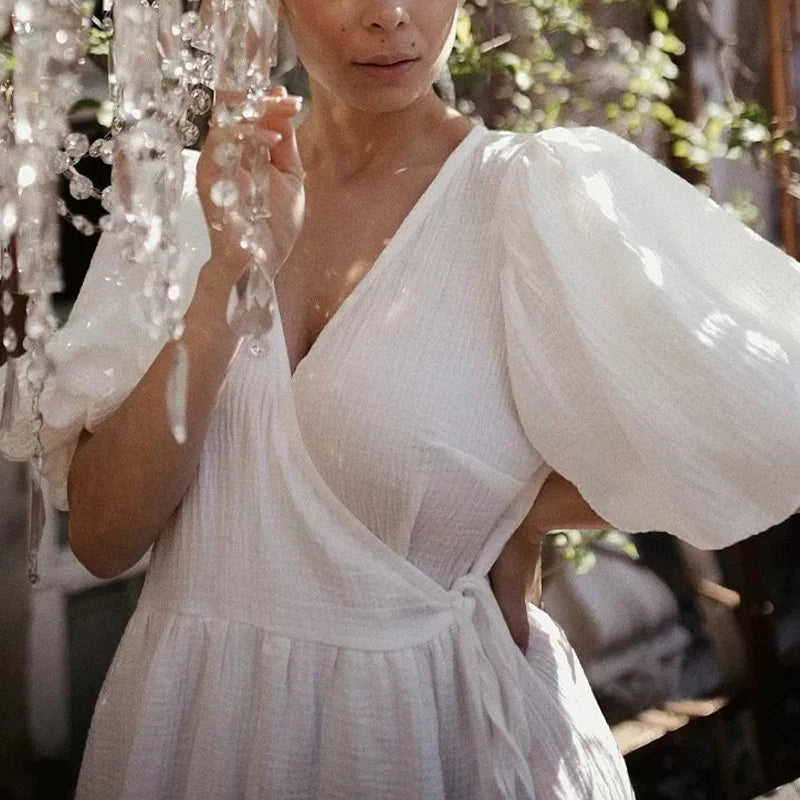 Vintage 100% Cotton Women's Dress Retro Crepe Gauze V-Neck Puff Sleeve Bandage Lace Up Elegant Dresses For Women Long Maxi Robe
