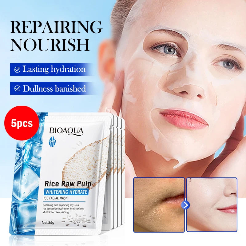 5pcs BIOAQUA Rice Raw Pulp Face Mask Hydrating Brightening Nourishing Moisturizing Ice Facial Masks Skin Care