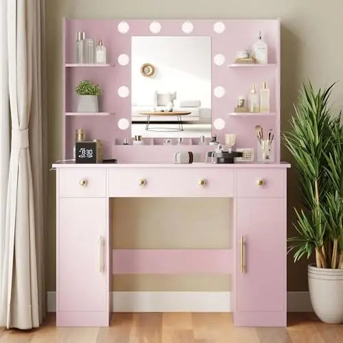 Makeup Vanity Desk with Mirror and Lights, 43" Pink Vanity Set with 3 Drawers, Power Outlet & Adjustable RGB LED