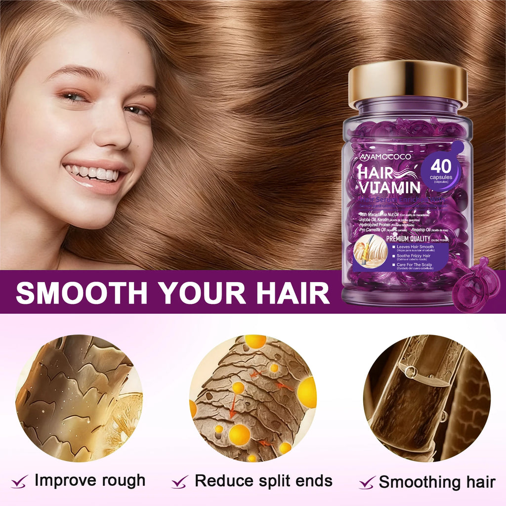 Amococo 3/6/8pcs Hair Serum Capsules 40 Capsules Moroccan Oil Keratin Essence Hair Oil Vitamin E Pro Vitamin B5 Jojoba Oil Rosehip Oil Smooth Moisturizing Hair Care Serum for Frizzy Dry Hair