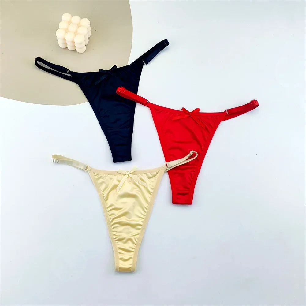 3PCS Women's Adjustable Satin G-String Thong Panties - Low-Rise Bow