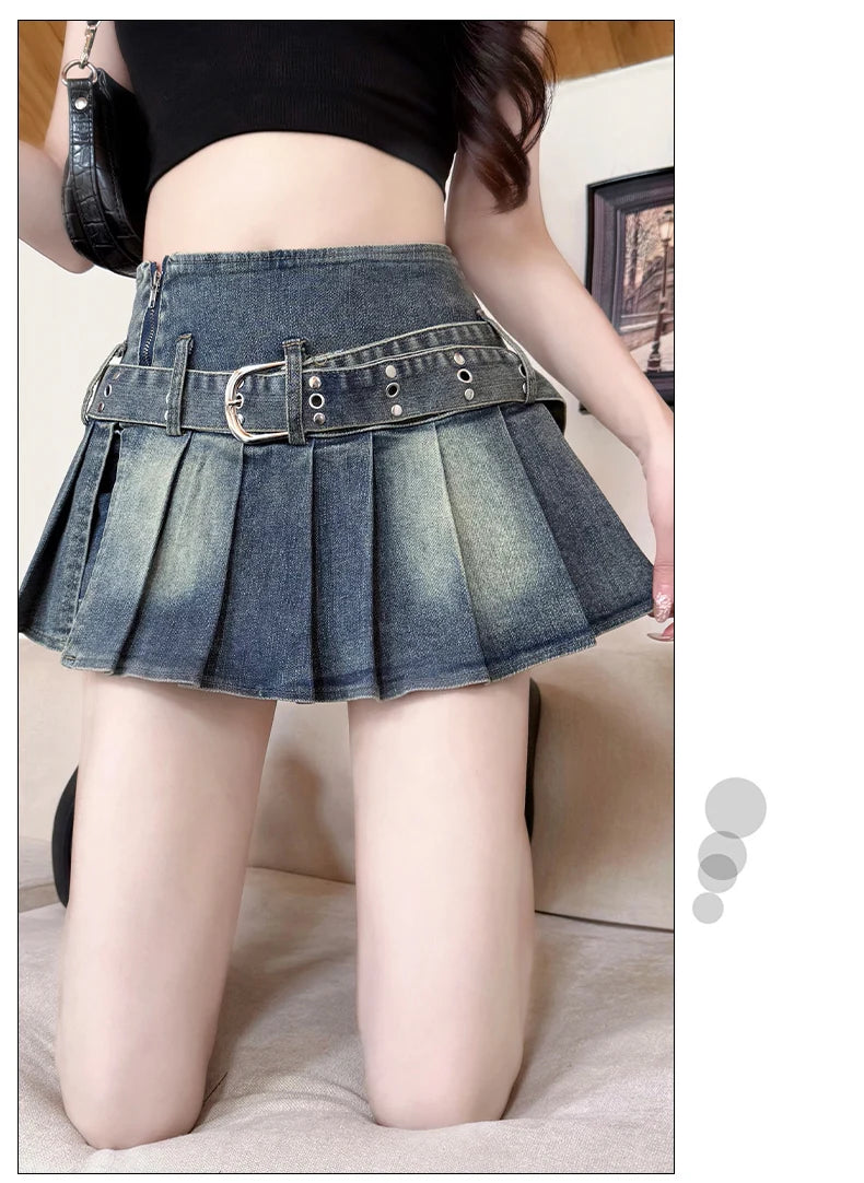 High Waist A-Line  Skirt Women's Denim Pleated Half Body Summer New Style Comfortable Soft Korean Version City Commute
