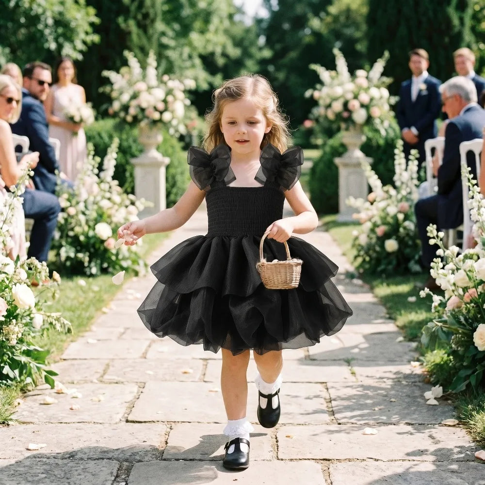 2026summer Fashion Baby Girl Princess Tutu Dress Bowknot Sleeve Child Tulle Vestido Pageant Party Birthday Baby Clothes 0-10Ynew