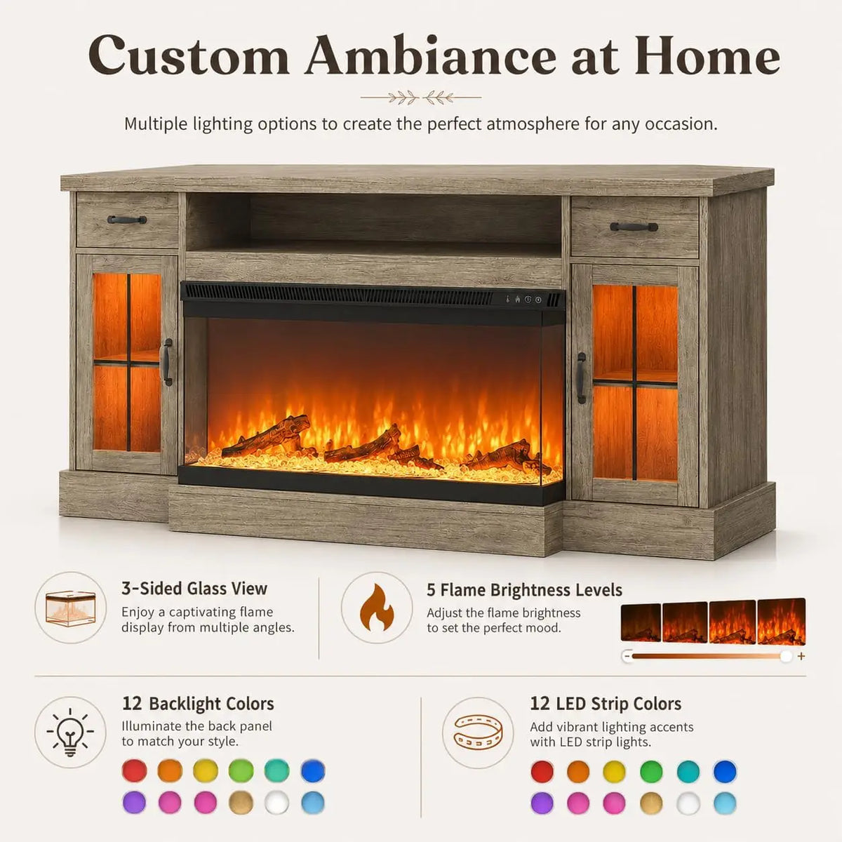 70" Farmhouse TV Stand with 3-Sided Electric Fireplace, Wash Grey
