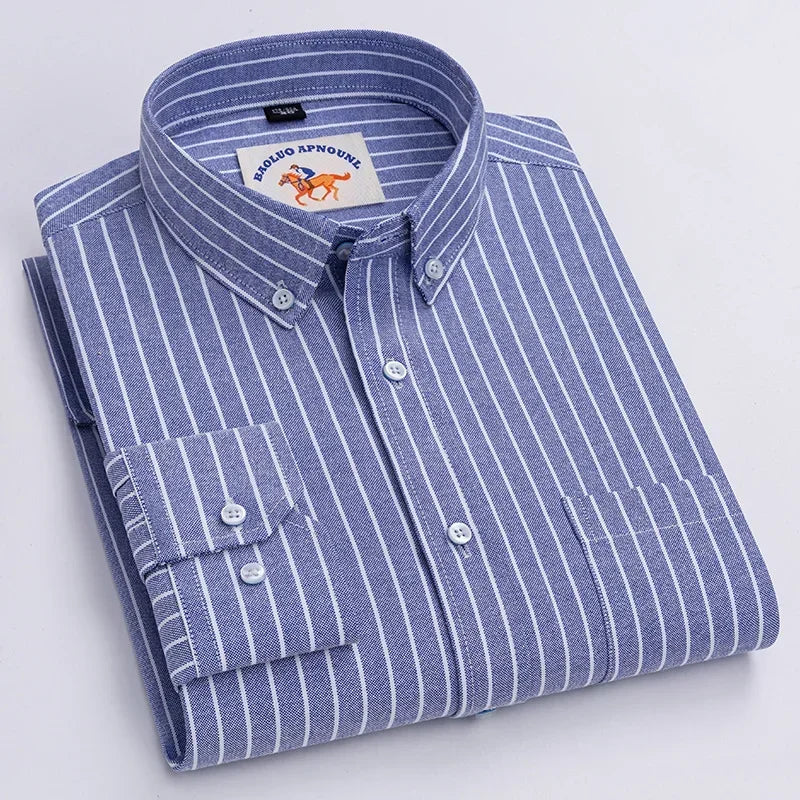 Premium Pure Cotton Oxford Shirt For Men Long Sleeve With Embroidered Horse Design Regular Fit White Dress Shirt
